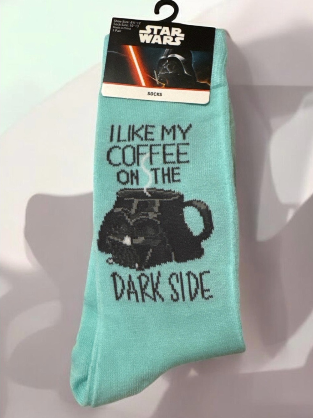 Star Wars Aqua Crew Socks with Black 'I Like My Coffee on the Dark Side' Graphic